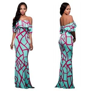 Mint Green Fuchsia Off-the-shoulder Maxi Dress